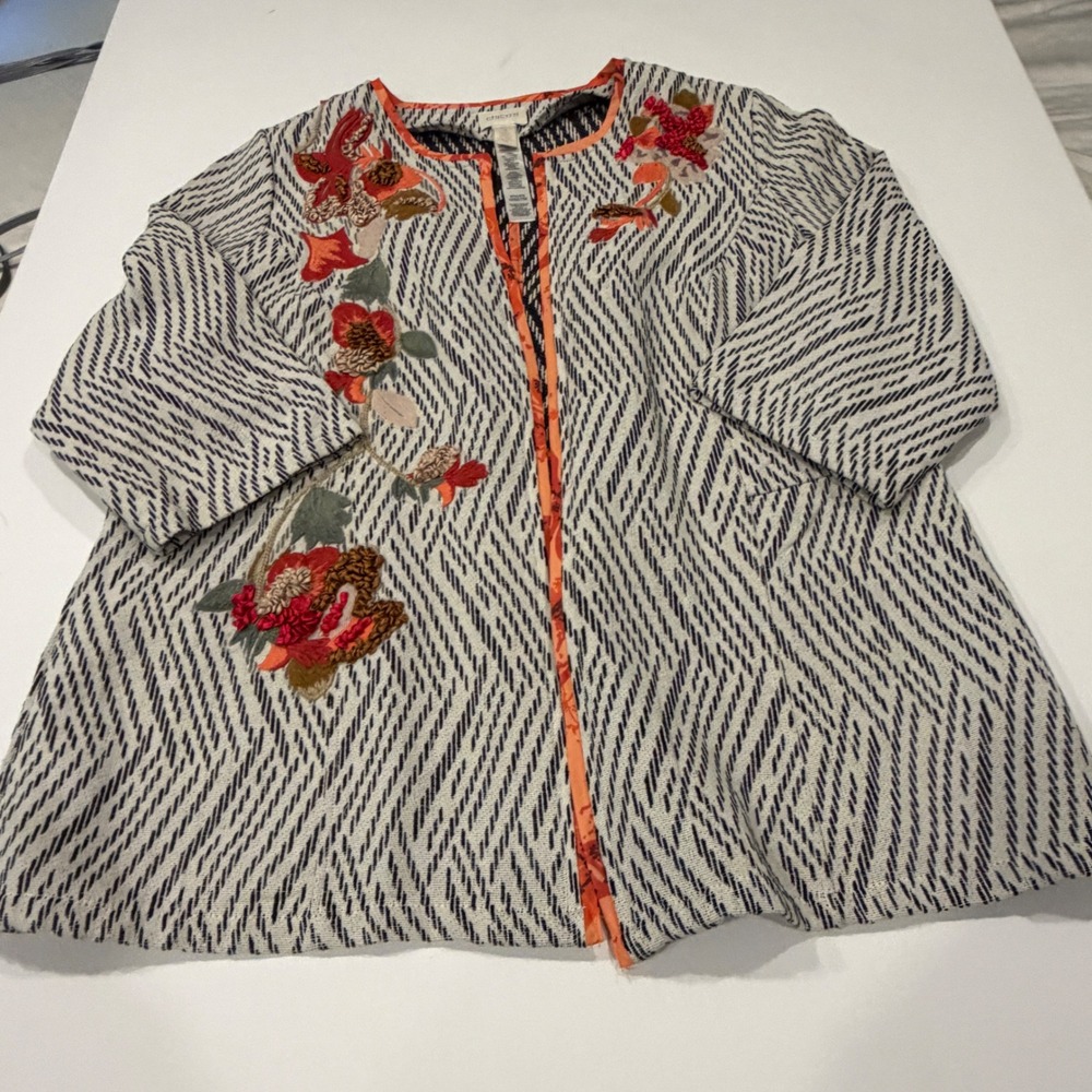 Chico's Size 3 XL Embroidered Floral Jacquard Jacket Artsy Boho Statement